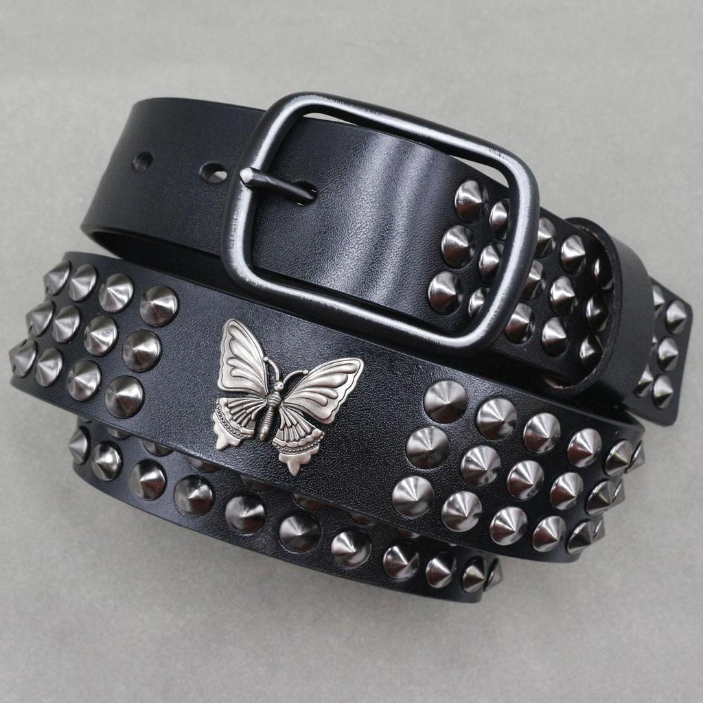 Riveted Unisex Belt: Punk & Hip Hop Style Butterfly Cowhide Leather, European-American Fashion