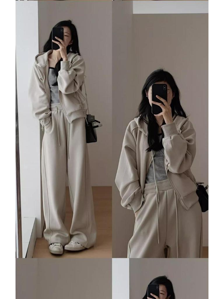 Plus Size Women's Autumn Street Style Jacket and Sports Two-Piece Set – Slimming, Fashionable, and Age-Reducing