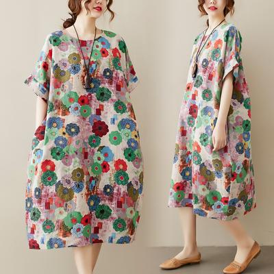 Summer Flower Printed Cotton and Linen Dress Plus Size Women's Short-sleeved Round Neck Mid-length Floral Skirt