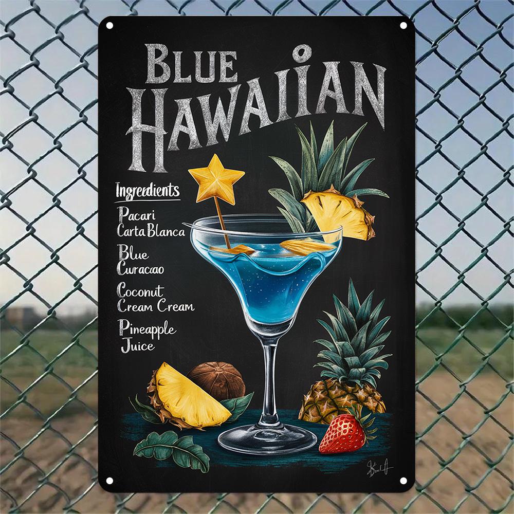 Aluminum  Blue Hawaiian  Cocktail Sign, 2D Art Wall Decor, Ideal Gift for Bedroom, Kitchen, Game Room, Balcony, Garden, Porch 20x30cm