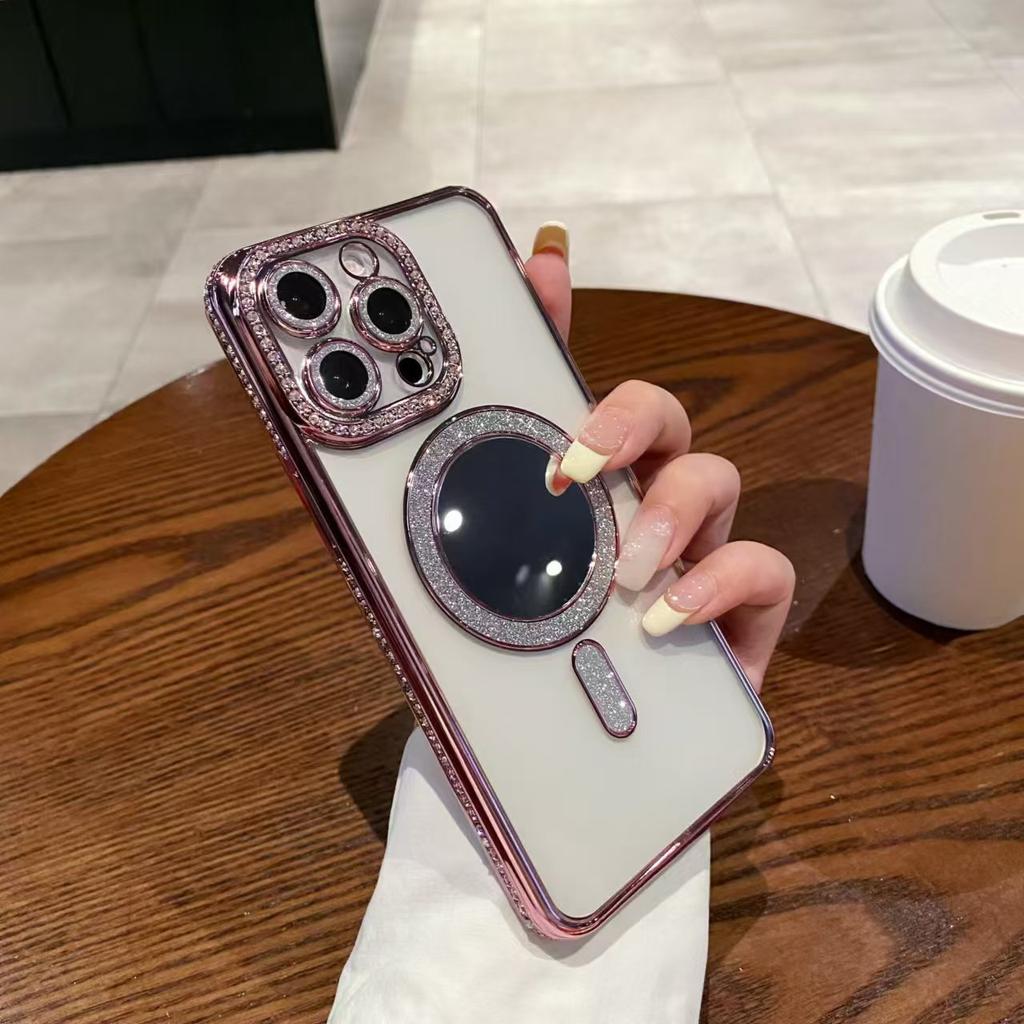 Applicable To Iphone17Pro Rhinestone Flash Powder Magnetic Suction Mobile Phone Case Mirror Apple 16 Luxury Transparent 15 Protective Case