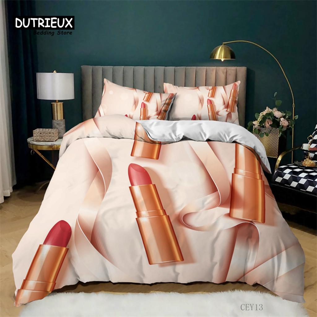 Fashion Sleep Bedding Collection Makeup Cosmetic Theme Bedspread Cover Polyester Perfume Lipstick Nail Polish Brush Print Pattern Quilt Cover King