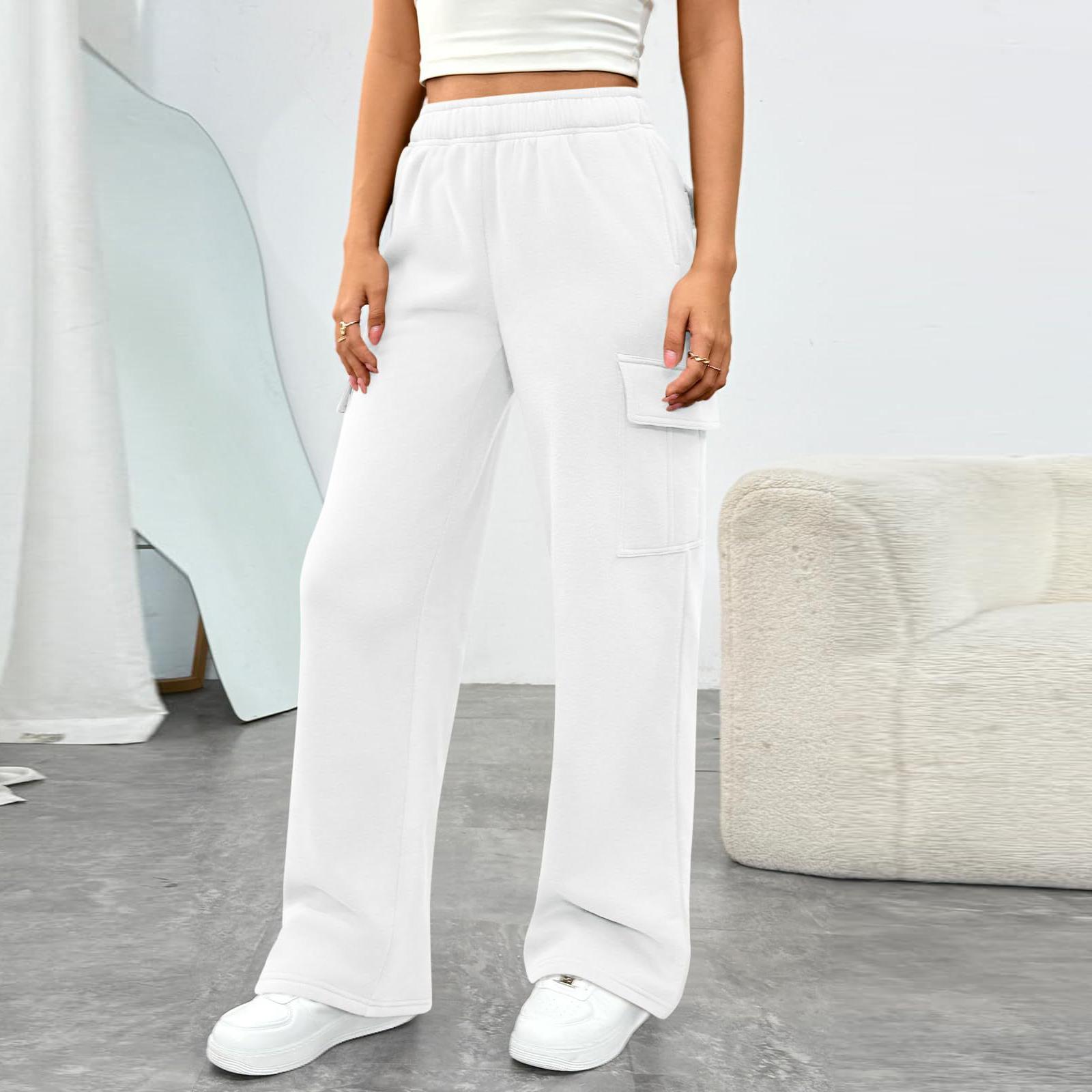 

Women s Casual And Fashionable High-Waisted Wide-Leg Utility Trousers With Pockets XS белый