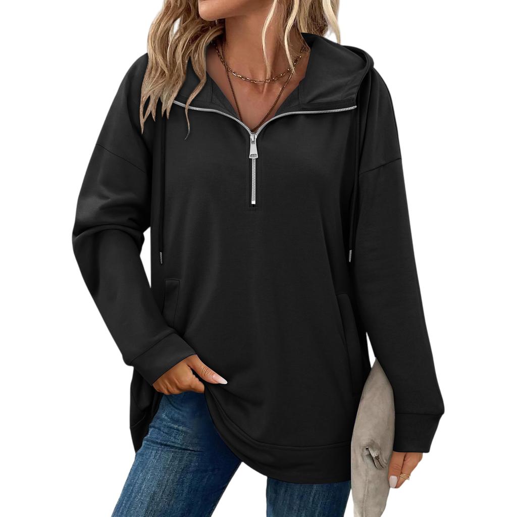 Women's Fashionable Solid Color Hooded Long Sleeved Pocket Pullover Sweatshirt Top
