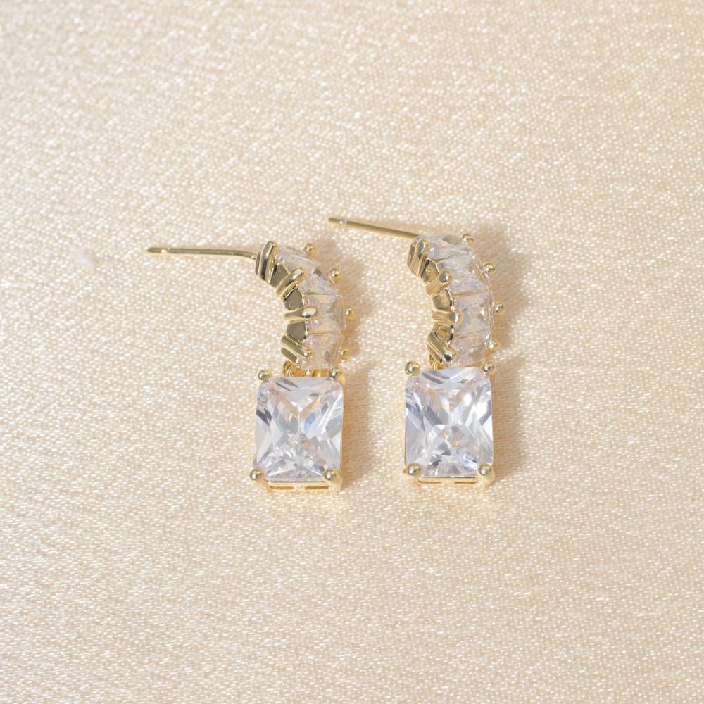 Golden Plated Copper Earrings with Clear Square Zirconia for Women Jewelry