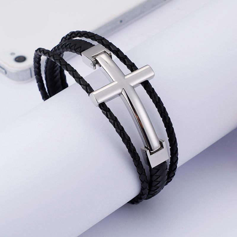 Triple Layered Cowhide Leather Bracelet Men Stainless Steel 22cm Cross Charm Armband Male Fashion Jewelry 2020