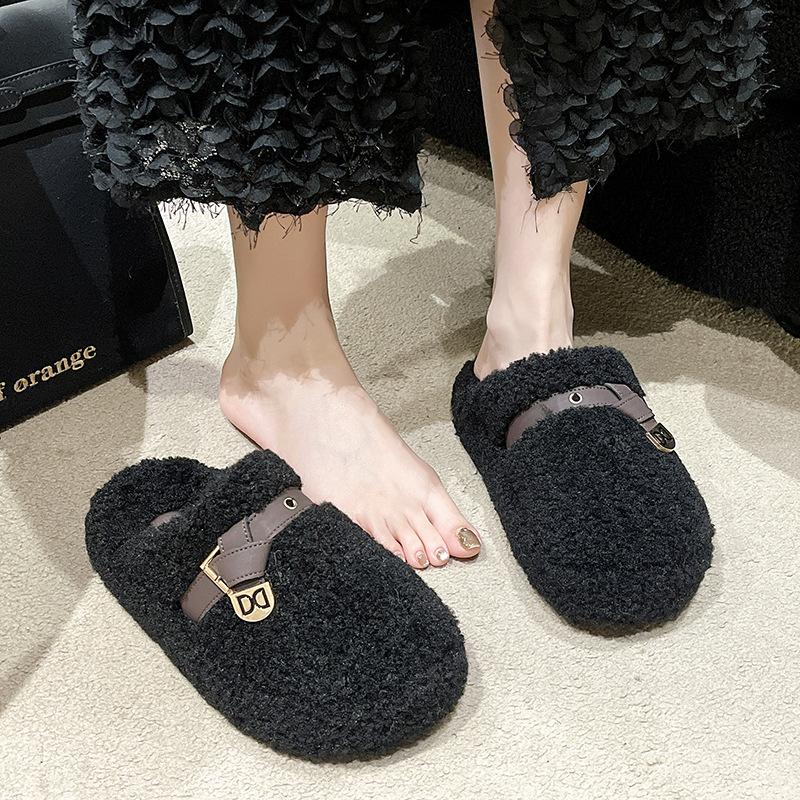Niche Mao Mao Slippers Women's Wear 2025 New Autumn and Winter Internet Celebrity Versatile Lamb Wool Thick-bottomed Cotton Slippers