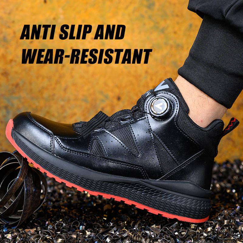 Rotating Button Men's Safety Boots Work Shoes Puncture-Proof Steel Toe Shoes Non-slip Protection Shoes High Top Security Boots