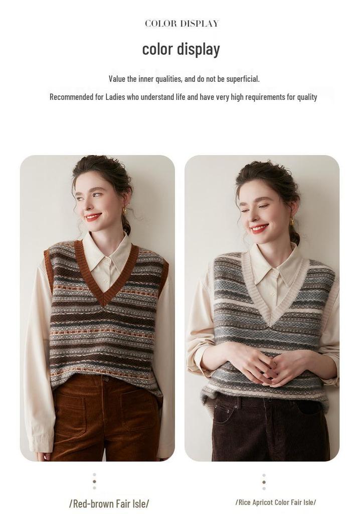 Women's Retro Color Block Cashmere Vest - 2025 Spring/Autumn V-Neck Sleeveless Knit Pullover