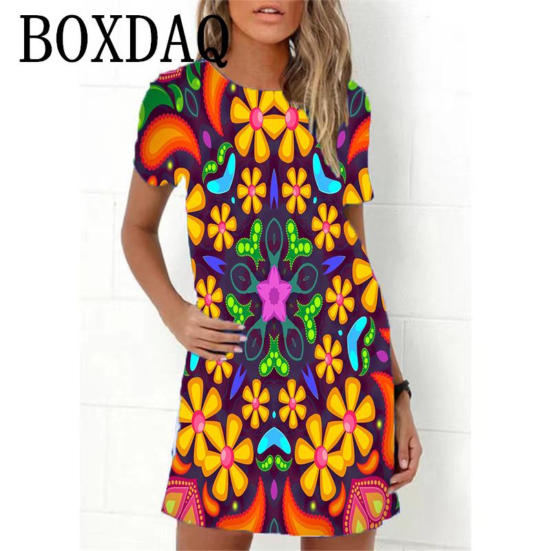 2023 Neues Sommer Damenkleid Retro Hippie 60er Vintage Flower Power Lockeres A-Linien-Kleid Lässig Übergroß Damen 3D-Druck Minikleid