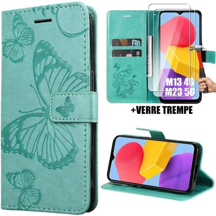 Coque - Samsung - Galaxy M13 4G/M23 5G - Effet Cuir Vert - Motif Papillon - 2 Verres Trempés