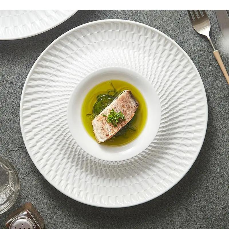 Pure White Relief Texture Ceramic Dessert Plate Serving Snack Pasta Sushi Plates Restaurant Tableware