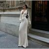 Elegant Knitted Maxi Dresses for Women Summer Long Sleeve V-neck Hollow Out Long Dress Female Chic Evening Party Beach Dresses