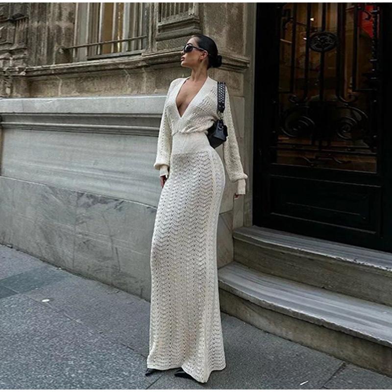 Elegant Knitted Maxi Dresses for Women Summer Long Sleeve V-neck Hollow Out Long Dress Female Chic Evening Party Beach Dresses