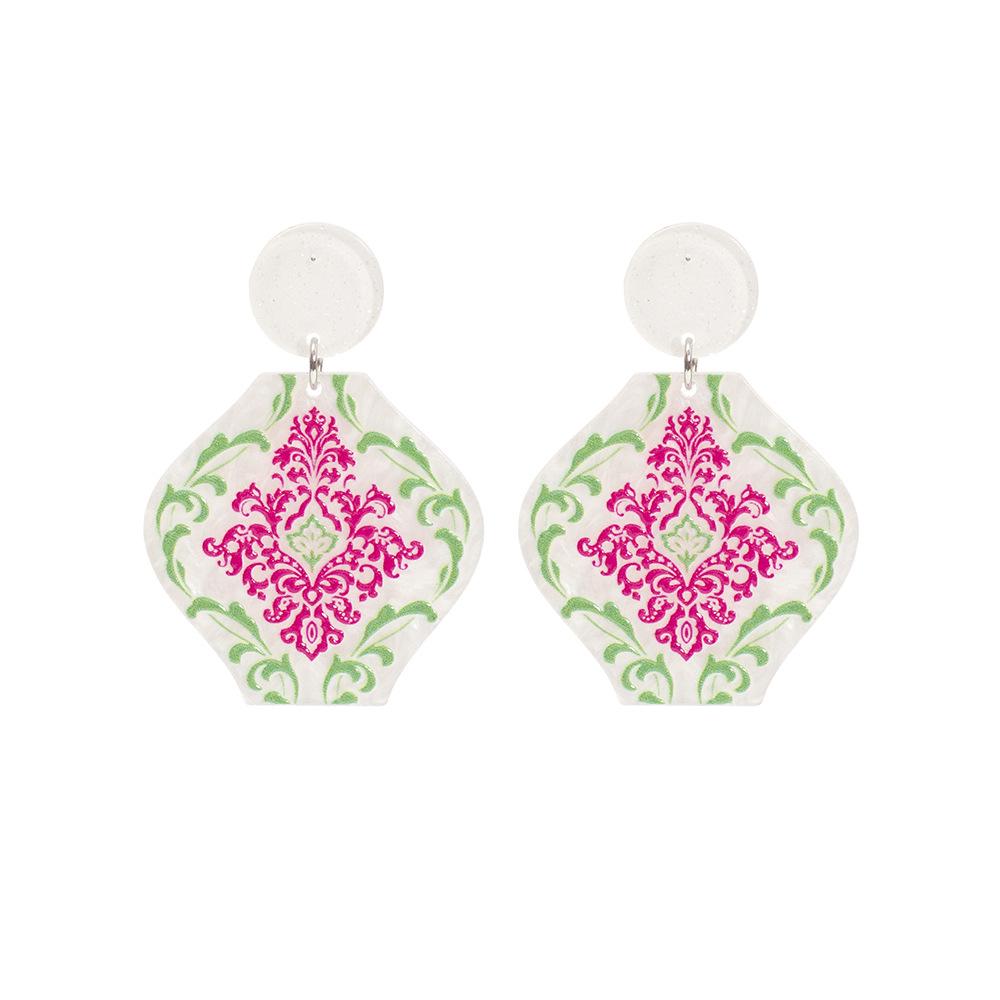 Ethnic Green & Purple 3D Acrylic Vase Earrings with Blue & White Porcelain Pattern