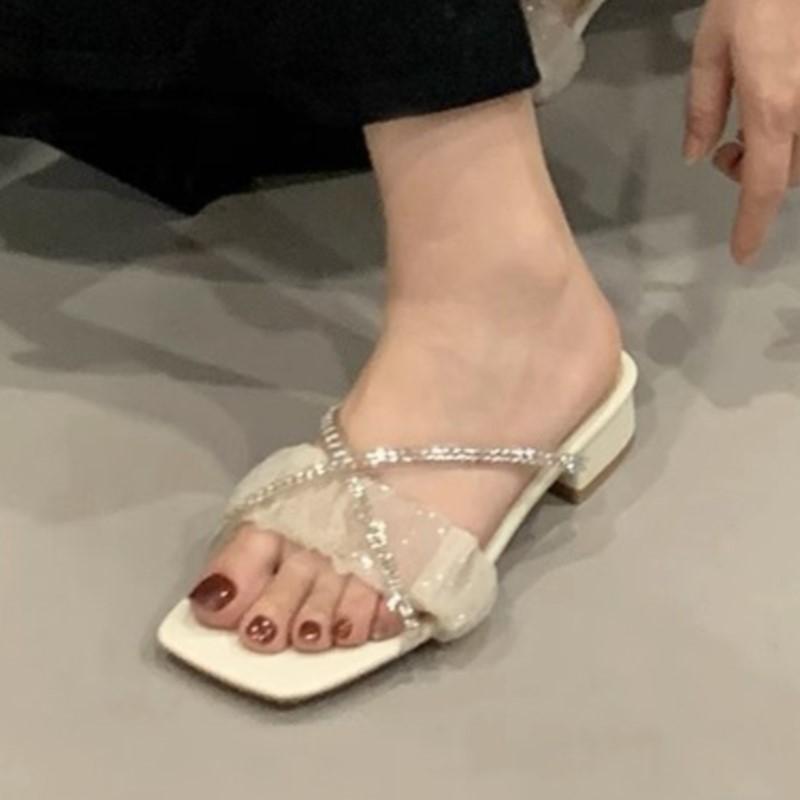 Fashion Women's Silver Rhinestone Heeled Slides 2025 Summer Glitter Sandals Comfortable Outdoor Dressy Casual Beach Shoes Fashion Trendy