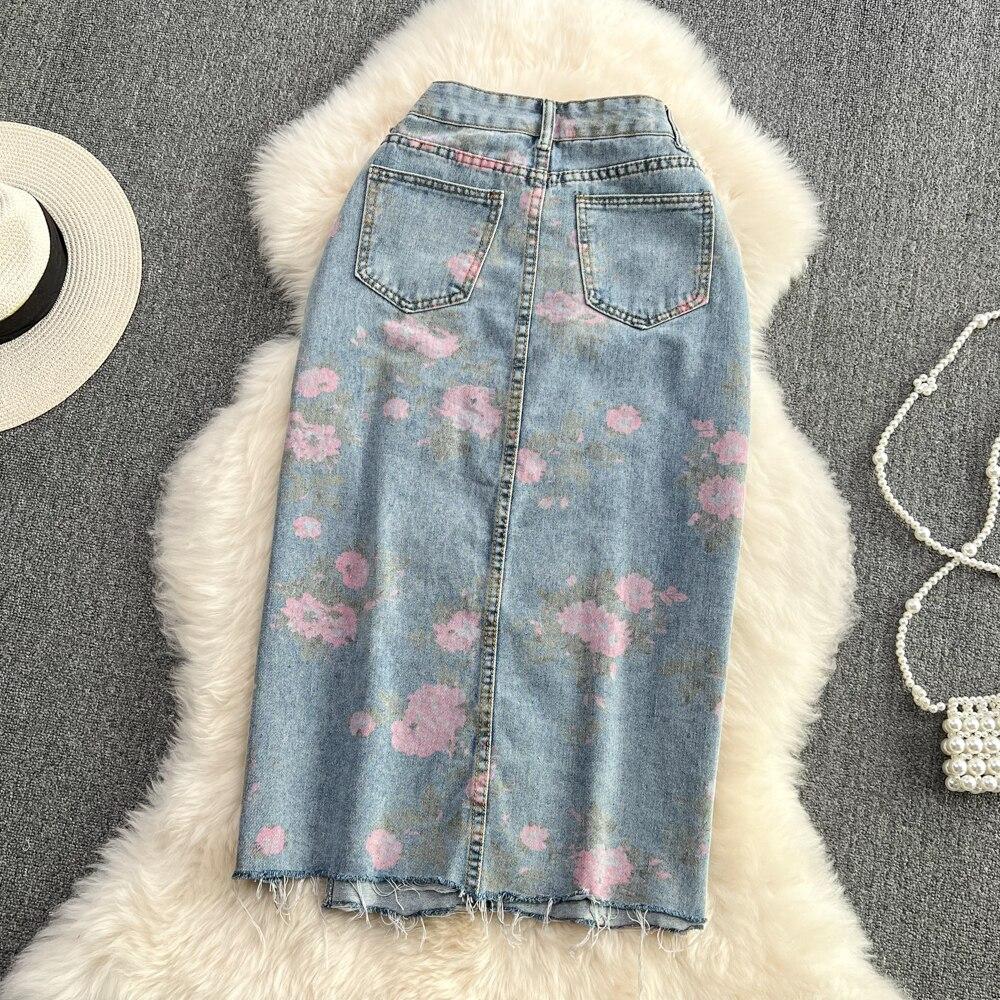 Summer Light Mature Style High Waist Thin Split Rose Blue Denim Skirt Versatile Medium And Long A-Bag Hip Skirt