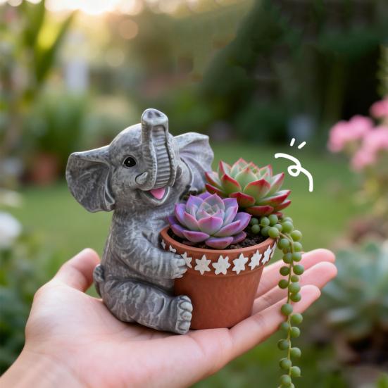 Cute Elephant Planter, Small Animal Flower Pot, Weatherproof Indoor Outdoor Cactus Air Plant Holder for Home Office Desktop Decor