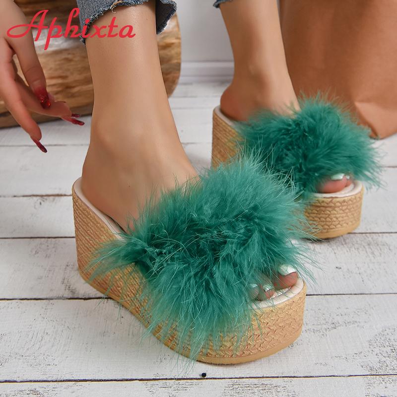 Fashion Aphixta Furry Green Wedge Platform Slides Women's Shoes 9cm Slippers Flip Flops Heels Shoes Beach Sandals Plus Size 43