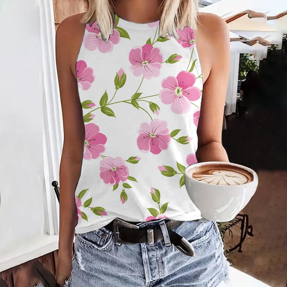 Módní letní květinové 3D potisk tílka dámské Harajuku streetwear nadměrné O-výstřih vesta bez rukávů s odhalenými rameny dámské tílko