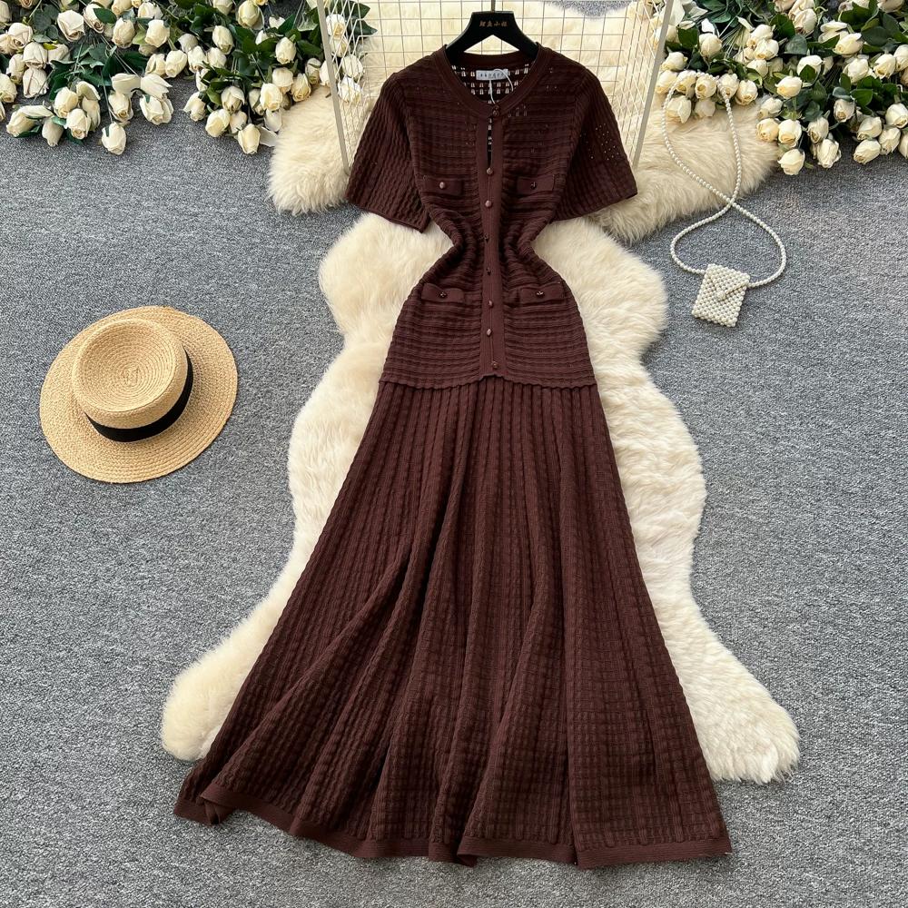 Summer Autumn Knitted Sweater Dress for Women Fashion Short Sleeve Single-breasted Hollow Out Elastic Simple Prom Dresses