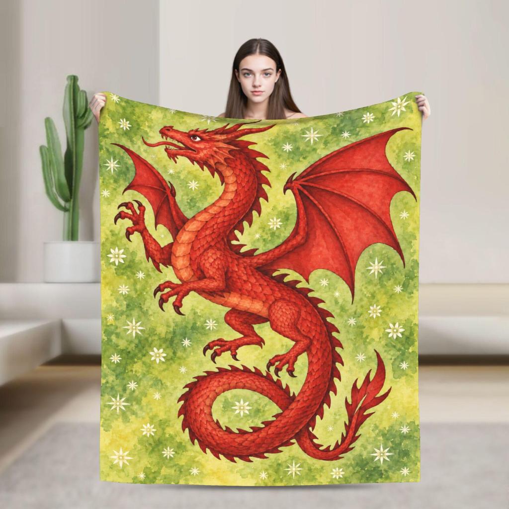Red Dragon Flannel Throw Blanket, Fantasy Watercolor Art, Gamer Gift (300g Soft)