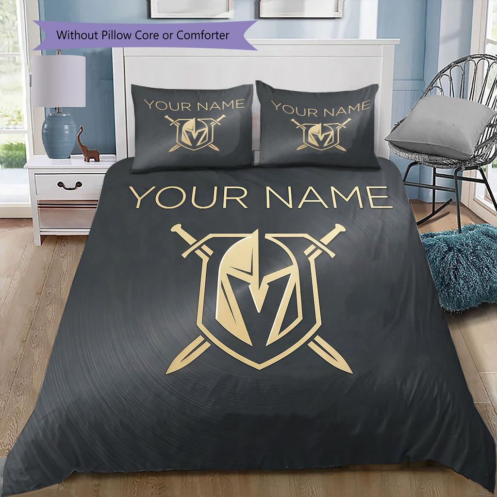 Custom Name,Vegas Golden Knights Pattern Bedding Home Decoration Birthday Gift ( 1 duvet cover + 2 pillowcase, without core),fan merchandise.