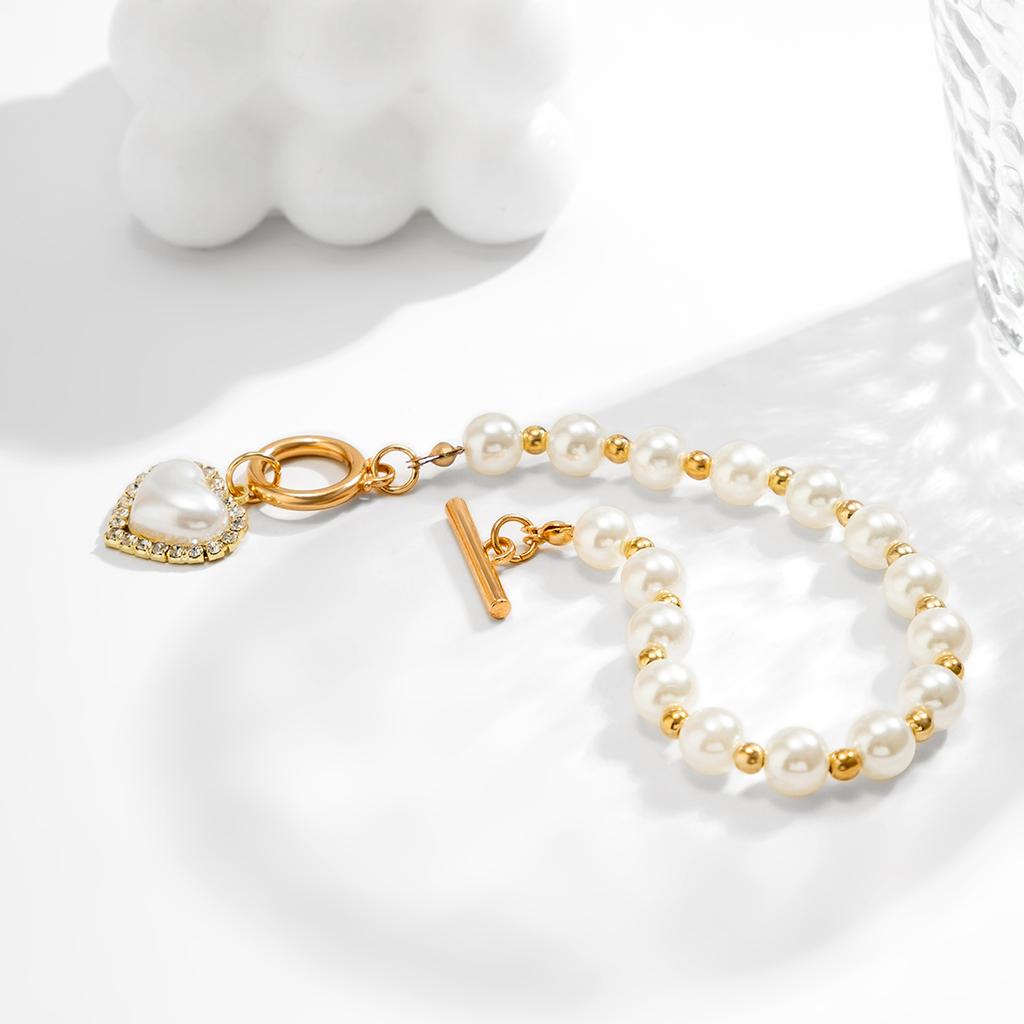 Ingemark Korean Fashion Heart Imitation Pearl Chain Bracelets for Women Wed Kpop OT Buckle Pendant Bangles Couple Hand Jewelry