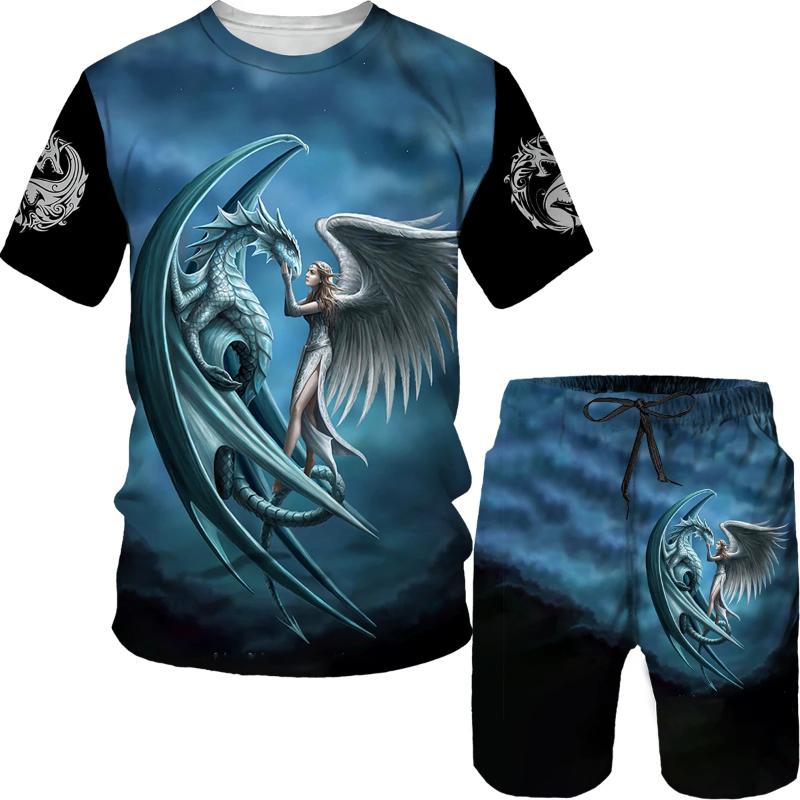 2024 New Dragon Men's T-shirt Shorts Tracksuits Set 3D-Printed Vintage Dragon Print Streetwear Y2k T-shirt Two-Piece Summer Set
