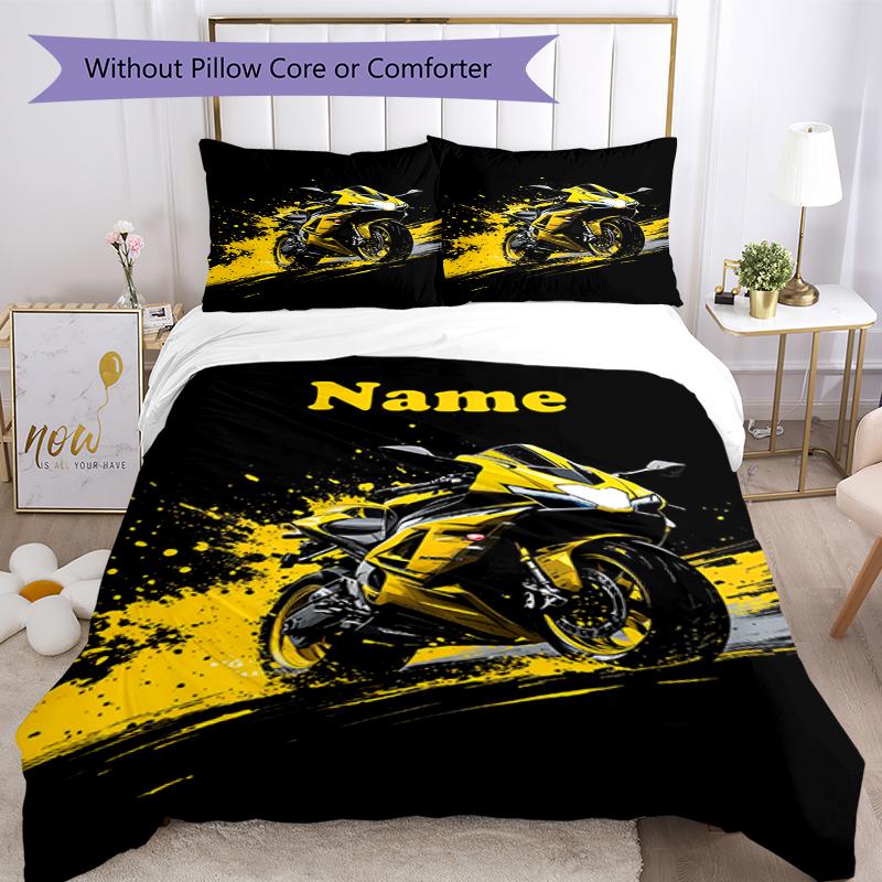 3pcs Custom Name Motorcycle Bedding Set Duvet Cover Closure Includes 1 Duvet Cover & 2 Pillowcases, Soft and Comfortable for All Seasons.