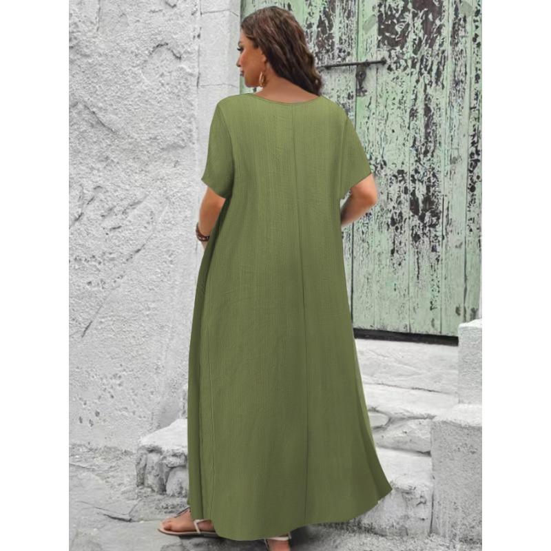 Plus Size Women V Neck Short Sleeve Loose A Line Long Dress With Pockets