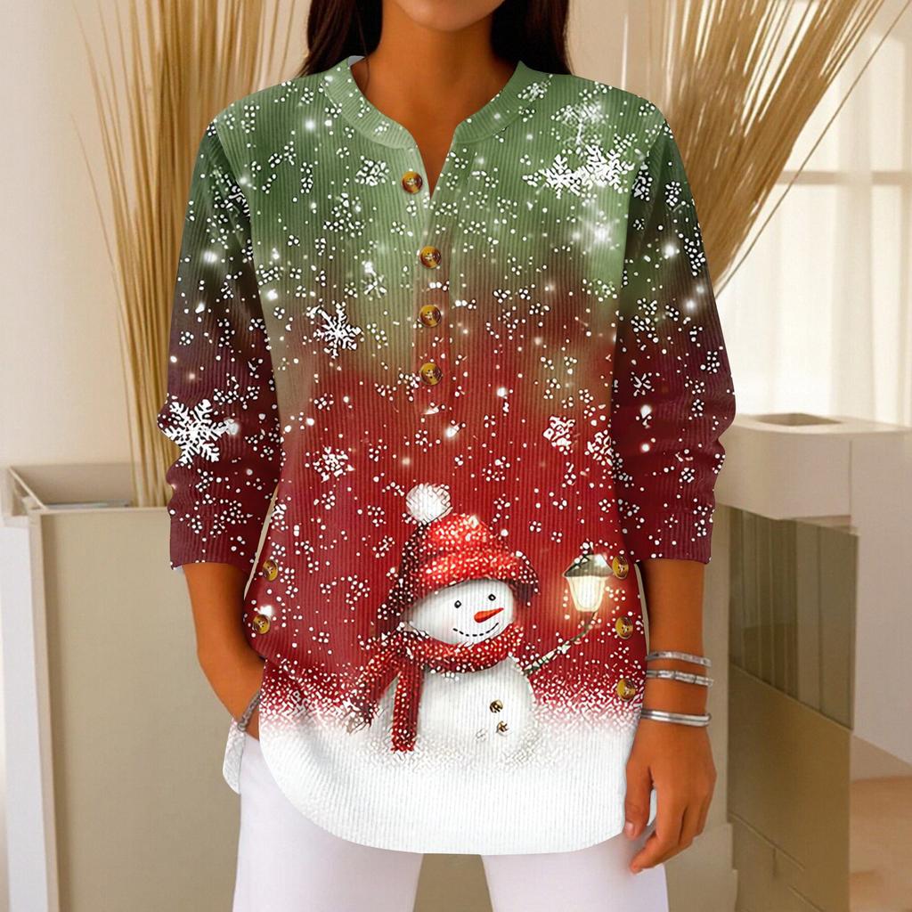 Women's Fashionable Button Collar Long-sleeved Christmas Print Pullover Top