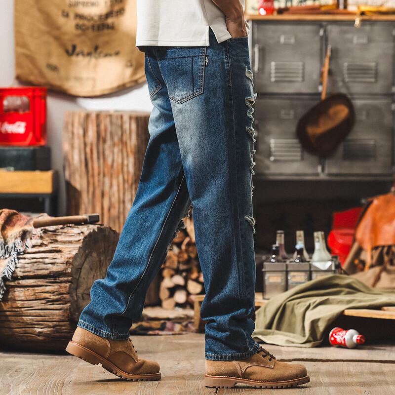 Men's American Retro Ripped Straight-Leg Jeans