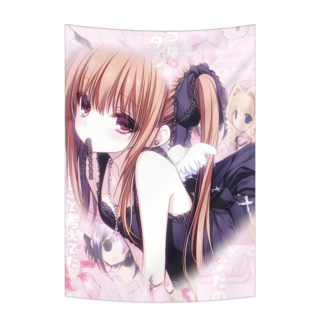 Sweet Anime Girl Tapestry Kawaii Cartoon Style With Cute Animals And Japanese Phrases Wall Decor Background Cloth