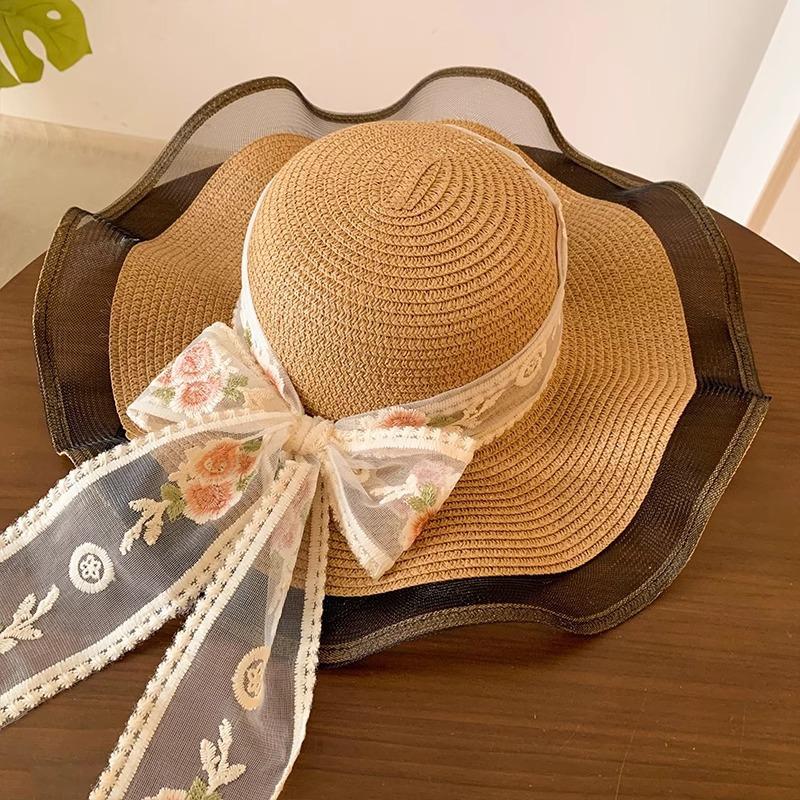 Lace Bow Straw Hat Women's Summer French Large Brim Sunscreen Hat Seaside Beach Vacation Sun Hat