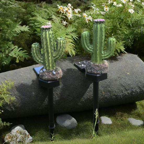 Solar Powered Garden Lights Cactus Light, Resin Pathway Waterproof Decorations for Patio LED Light with Stake Yard Lawn Decor Warm