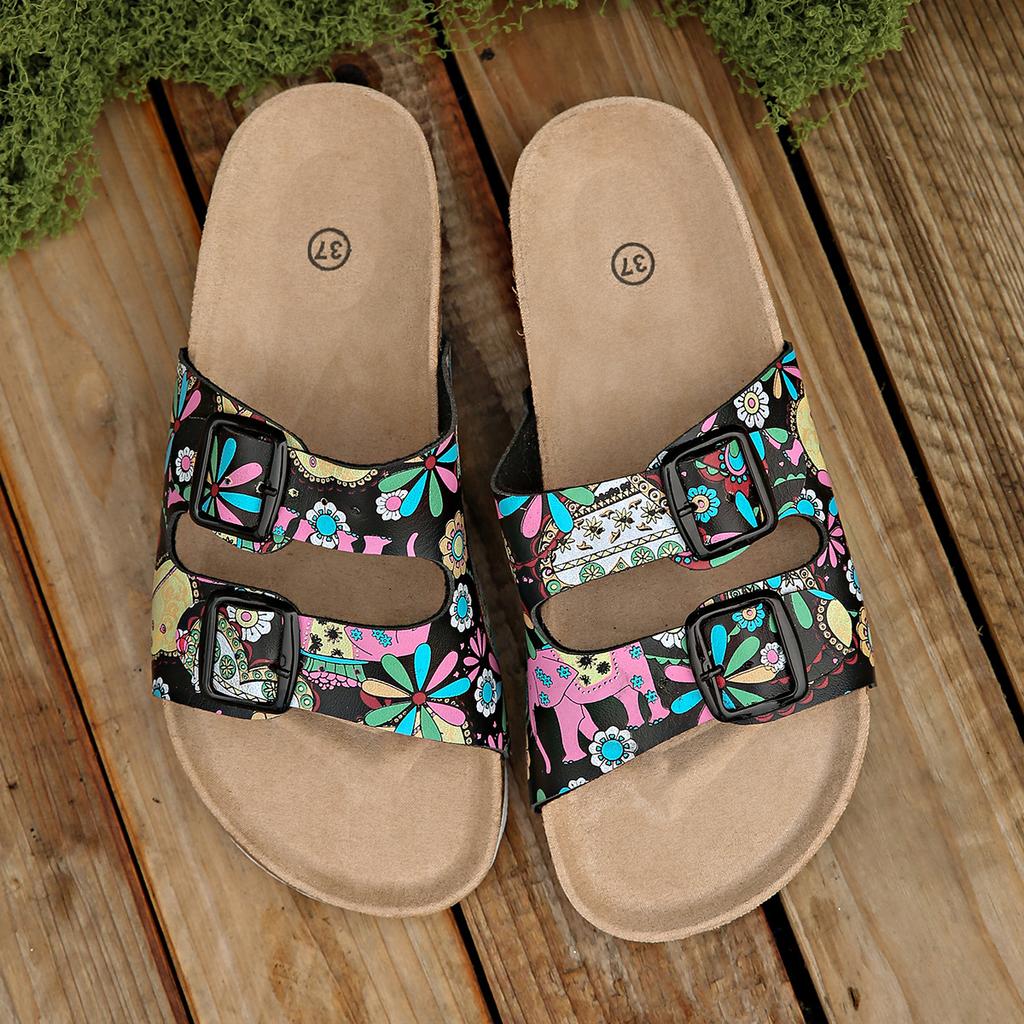 22 summer new round head Boken flat-bottomed slippers retro printing beach buckle sandals large size
