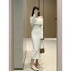 Temperament Muse Fan Gentle Wind White Shoulder Knitted Dress High Sense Women's Autumn and Winter New
