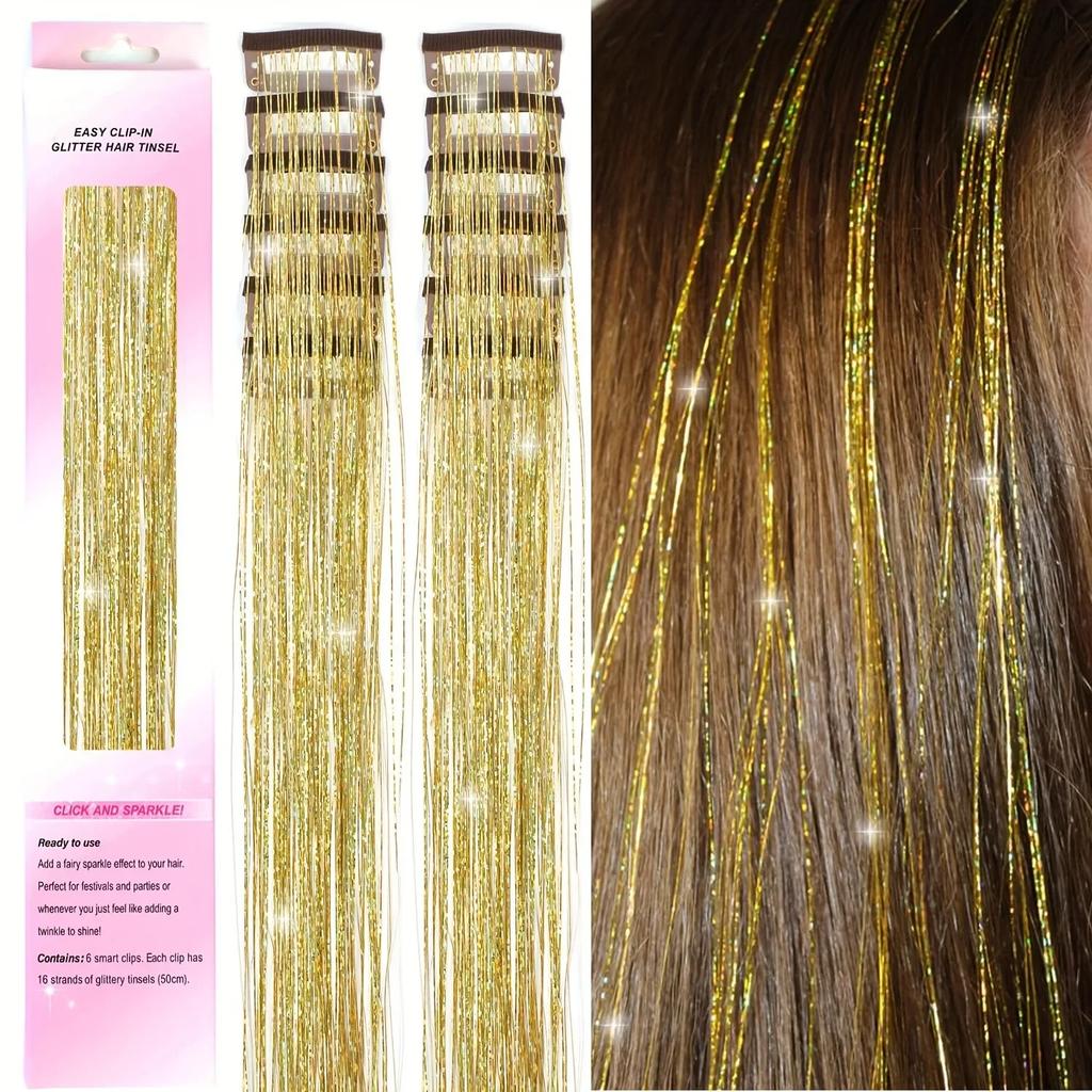 12pcs Colorful Shiny Synthetic Sparkling Tinsel Hair Extensions for Women Braiding Tools BB Clip Wig Concert Hair Accessories