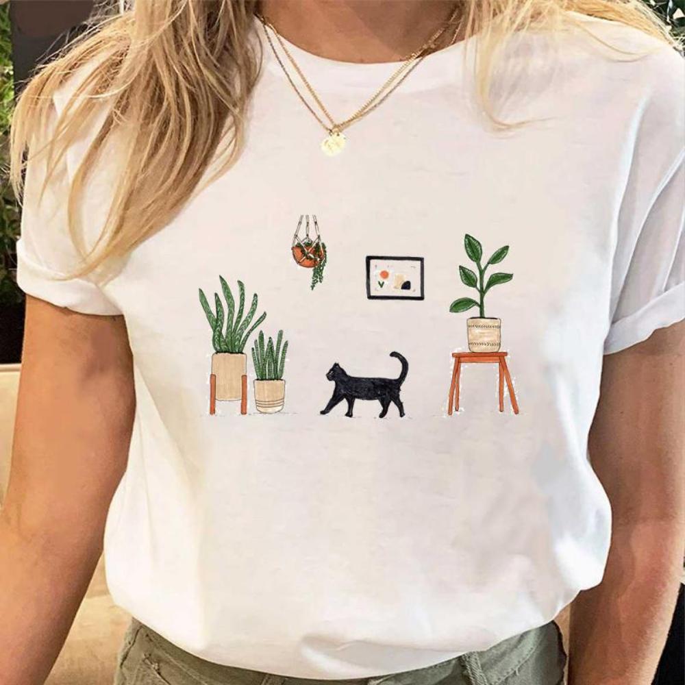 Women Print Tees Tshirt Female Clothes Regular Short Sleeve Tops Cat Simple Cute Print Ladies Fashion Cartoon Graphic T-Shirt