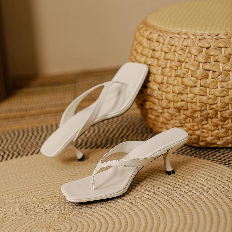 Sandale de vară franceze cu cap pătrat din piele naturală, cu toc mic, cu prindere, cu toc înalt, flip-flops pentru femei, la modă, haine de exterior
