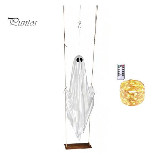 Hanging Ghost Decor Swinging Halloween Decoration, LED Light Up Large Spooky Weighted Fabric with Remote Control for Outside Garden Yard Porch