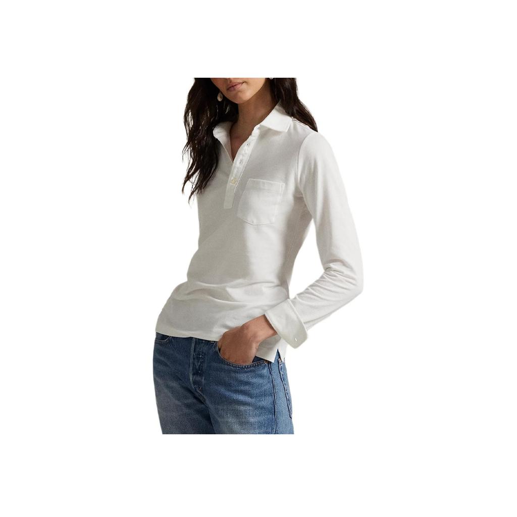 Polo Ralph Lauren Mesh Cotton Solid Embroidered Long Sleeve Polo Shirt Women Tops White 211971704-001