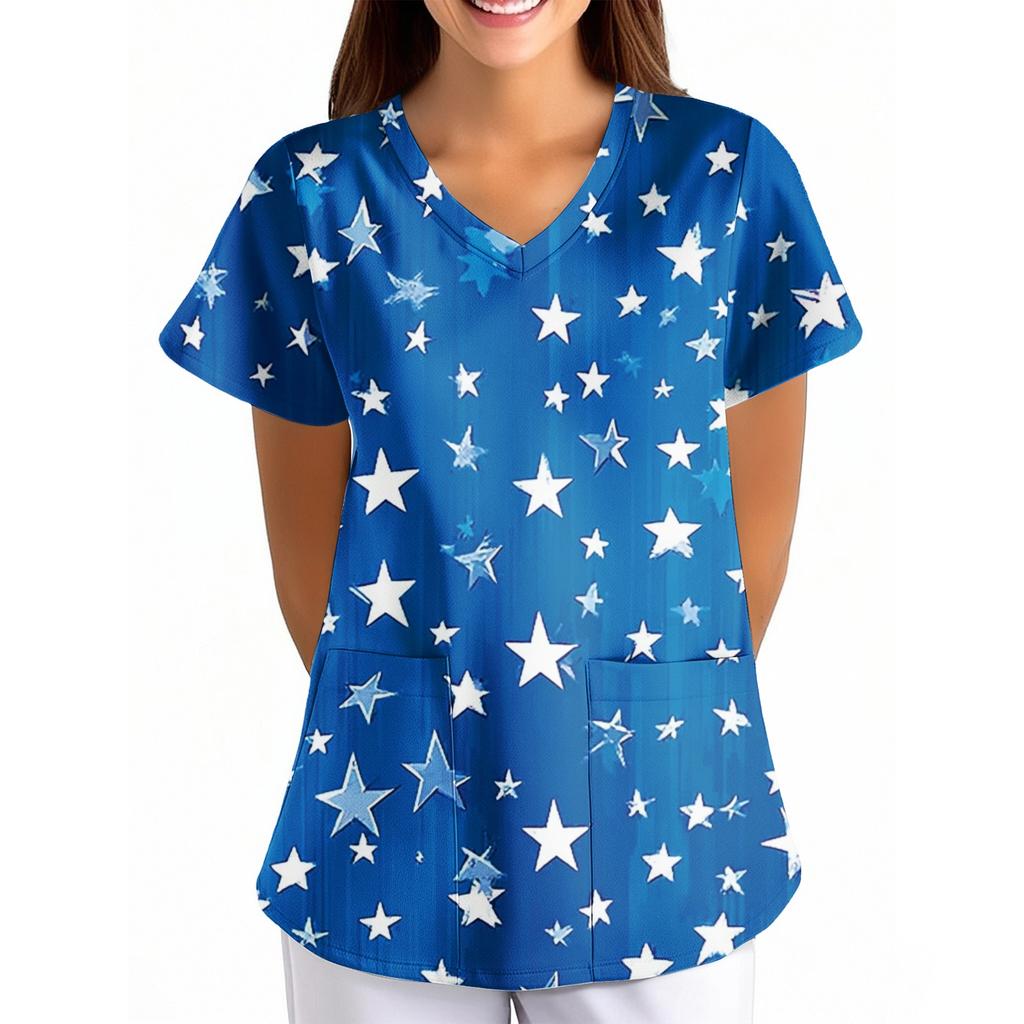 Damen Unabhängigkeitstag Aufdruck Locker V-Ausschnitt Tasche Kurzarm Pflegekraft/Uniform