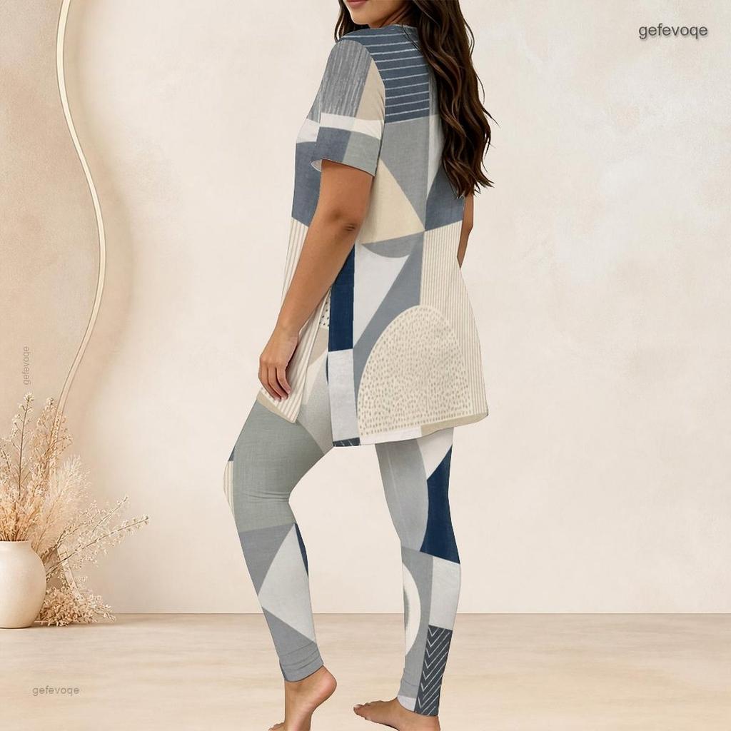 Women Plus Size Geometric Printed Round Neck Short Sleeve Long Top Fitted Pants Two Piece Set