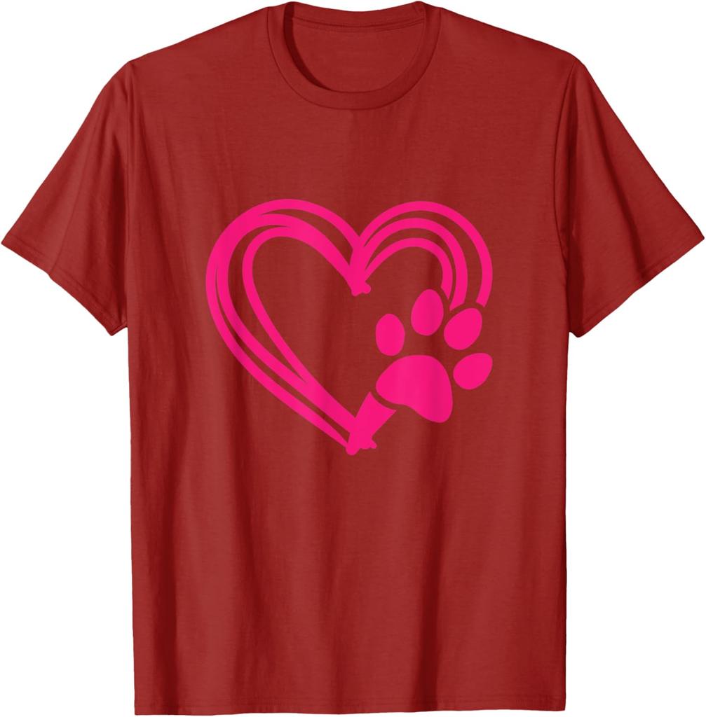 Pink Paw Print Heart Graphic Tee Casual Cotton Short Sleeve TShirt for Dog Lovers