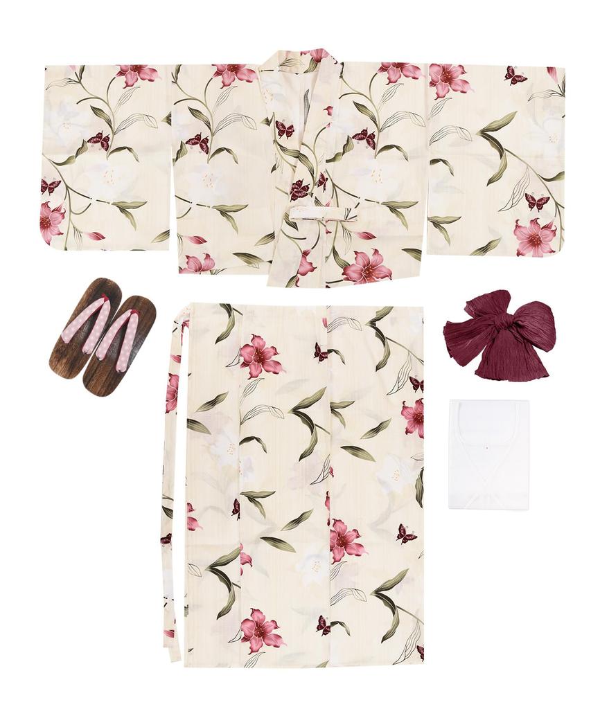 Yukata change set heiko AB size fits Scarlet Lily Butterfly [KYOETSU] set, weave, unbleached, two-part type, 4-piece (yukata, obi, underwear, geta),