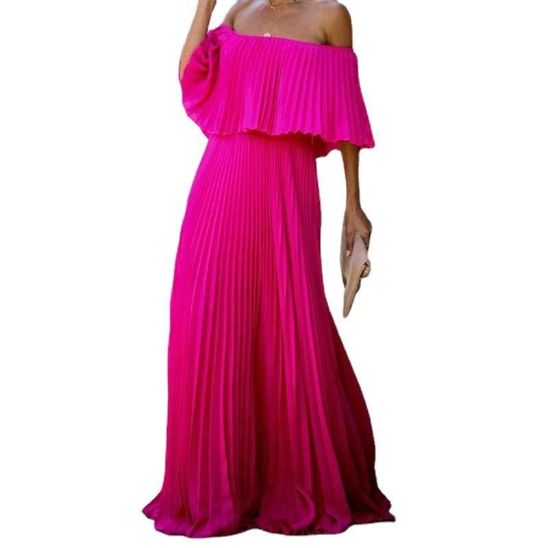 2026 neues europäisches und amerikanisches Damen-Langarmkleid grenzüberschreitend sexy schulterfrei One-Shoulder plissiertes Chiffon-Abendkleid