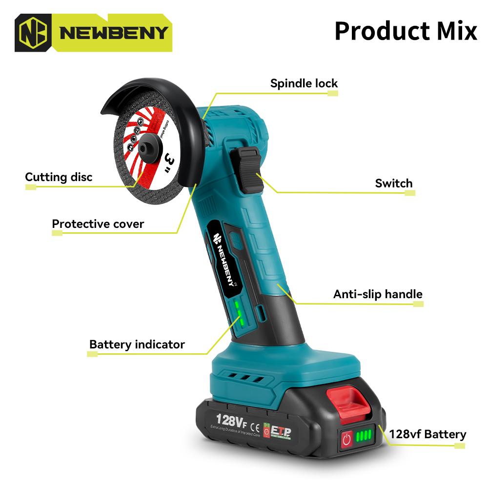 Newbeny Mini Meuleuse d'Angle Électrique Sans Fil Sans Balais 3 Pouces Outil de Meulage, Polissage et Coupe Efficace pour Métal et Bois Pour Batterie Makita 18V
