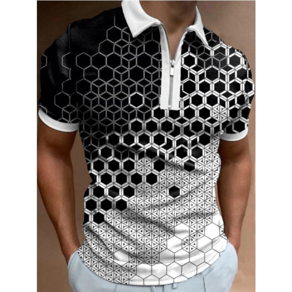 New Men's Printed Zip Polo Shirt, Casual Turn-down Collar Short Sleeve Pullover T-shirt, Summer Cross-border Casual Top